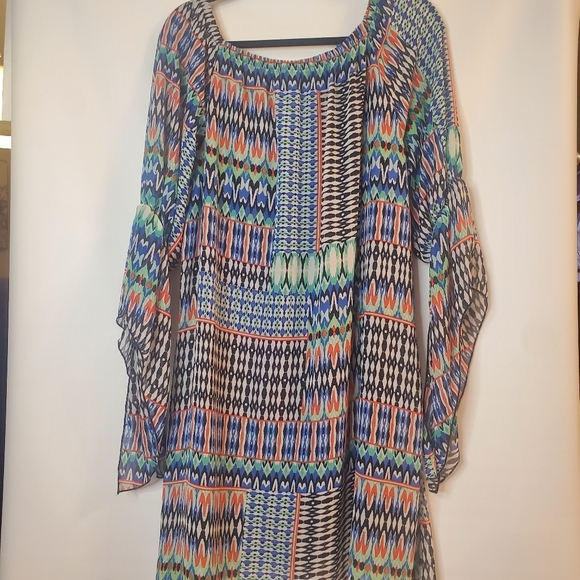 New Directions Sz XL geo print off-the-shoulder gypsy sleeve midi dress - Picture 6 of 8